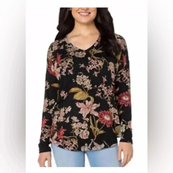 Well Worn Women's Top Pullover Floral Stretch Long Sleeve V-Neck - Picture 1 of 5